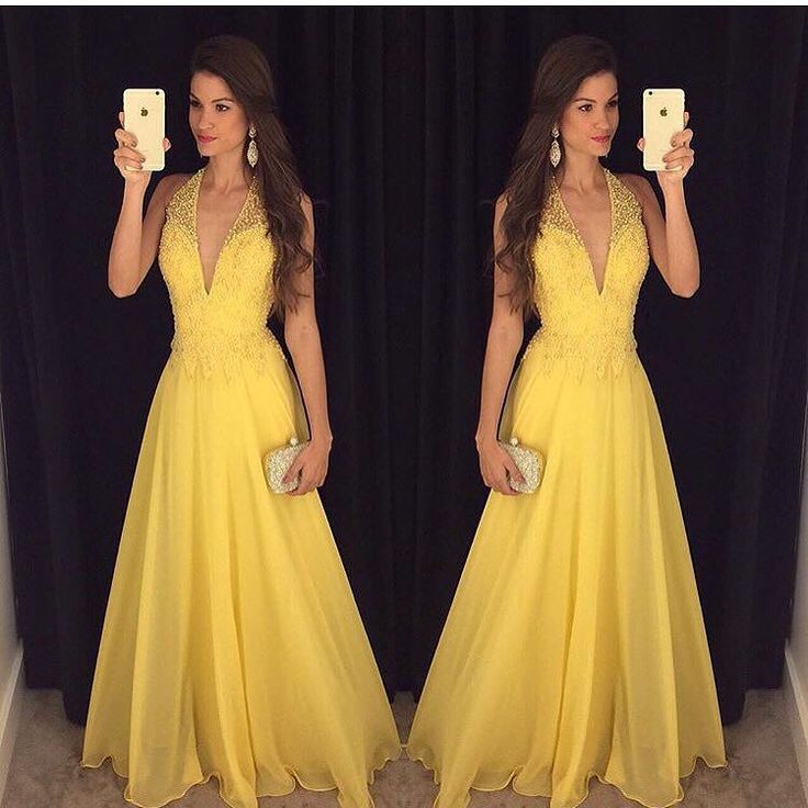 Sexy V Neck Beaded Yellow Dress Party Dress Prom Dresses