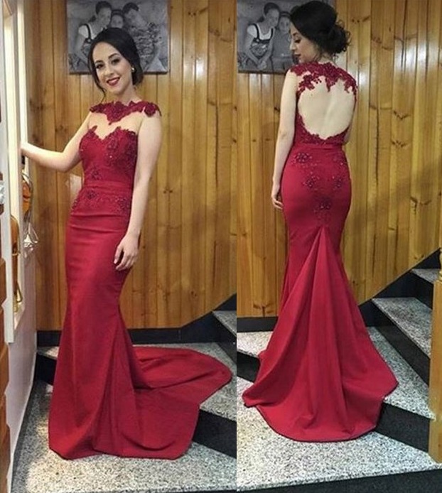 Charming Lace Satin Prom Dress,red Mermaid Prom Dresses,high Quality ...