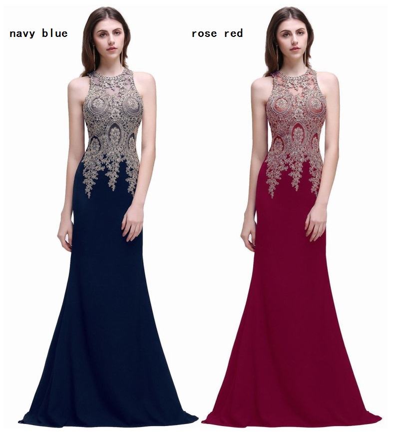 Mermaid Prom Dresses Gold Lace Applique Sexy Floor Length Evening Dress Formal Occasion Dress 