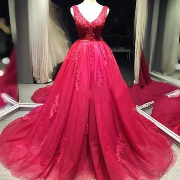 Luxury Red Wedding Dress,bridal Gown V-neck A-line Tulle Applique ...