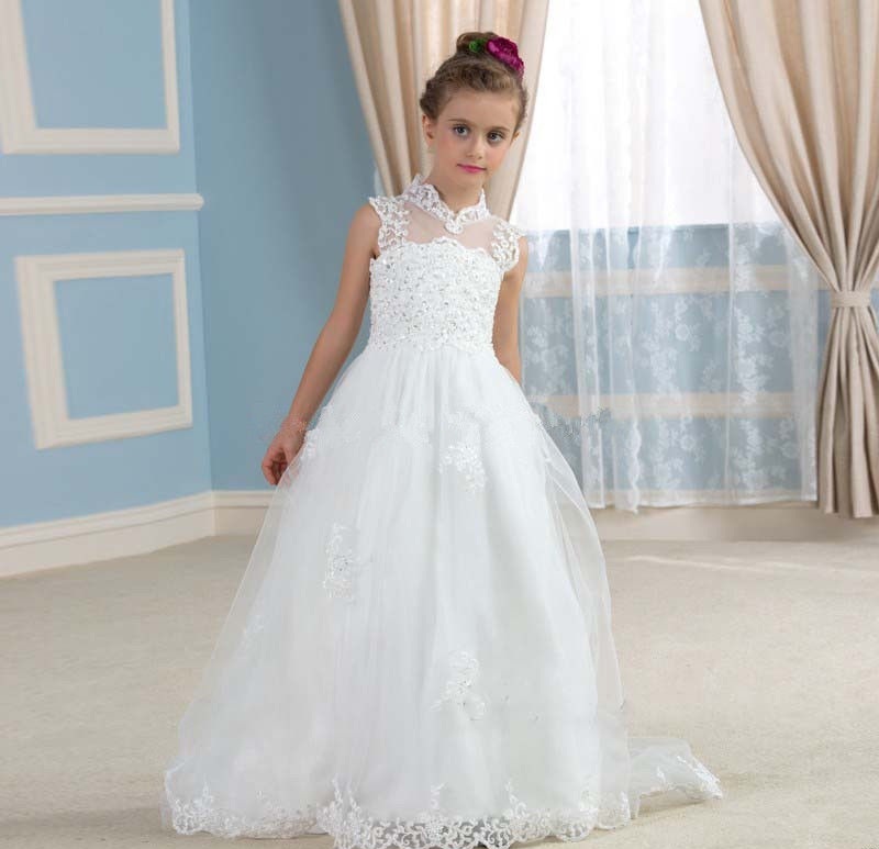 White Tulle Lace Beaded Sequins Flower Girl Dress,High Neck First ...