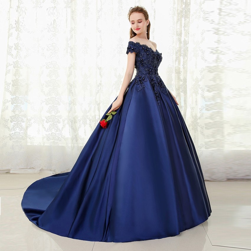 V-neck Navy Blue Ball Gown Long Evening Dress Lace Beaded Vintage Prom ...